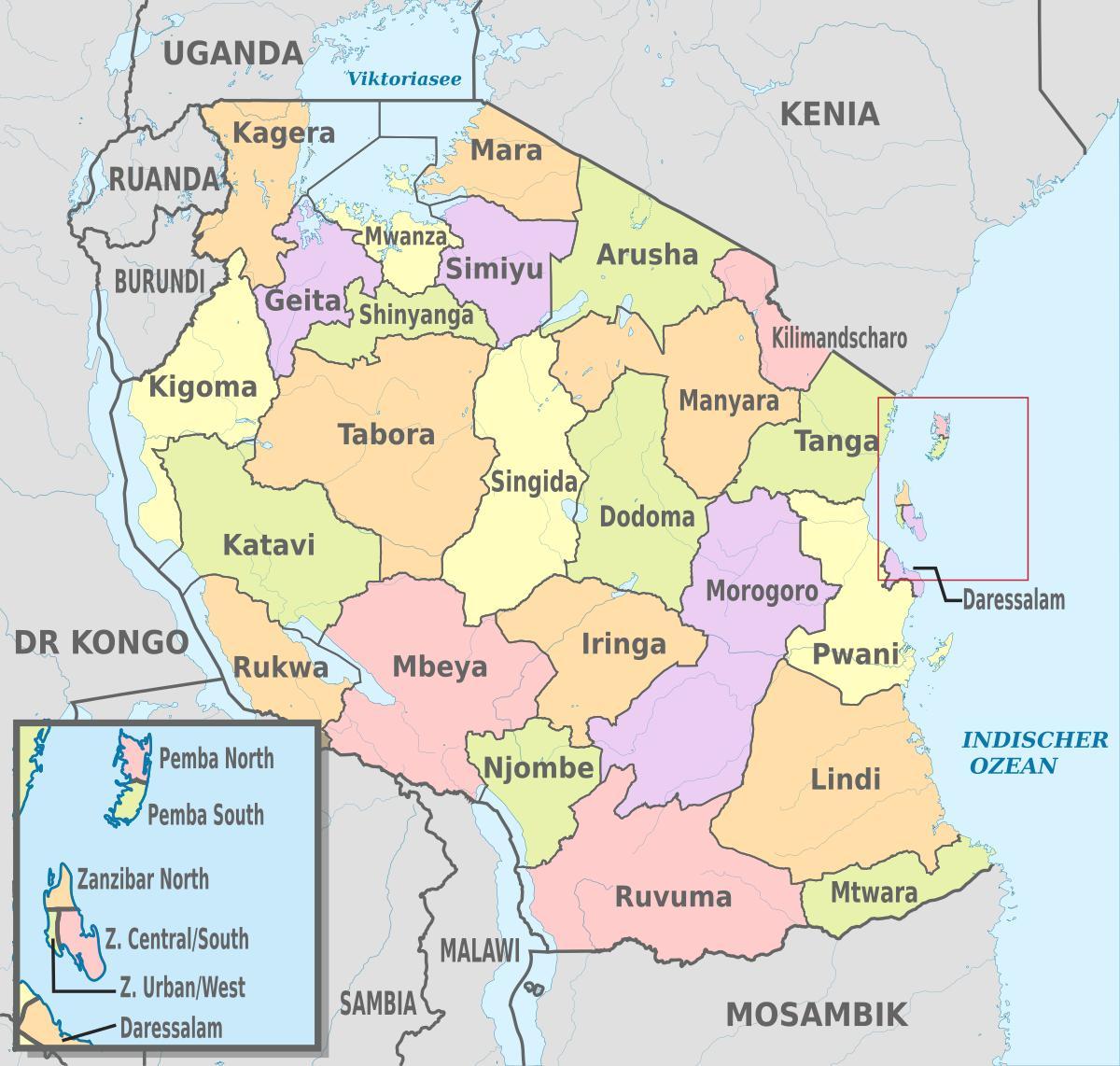 坦桑尼亚地图与新的区域