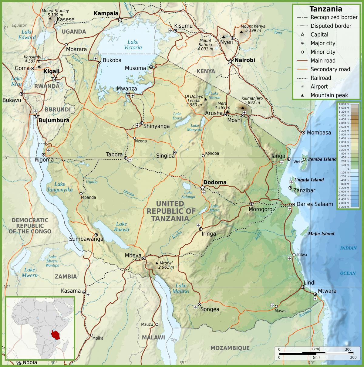 坦桑尼亚的路线图与公里